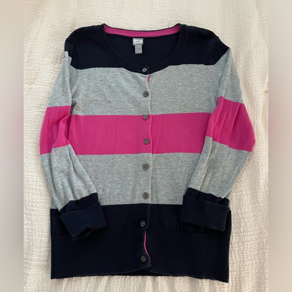 J C Penny size S cardigan - pink/gray/navy blue